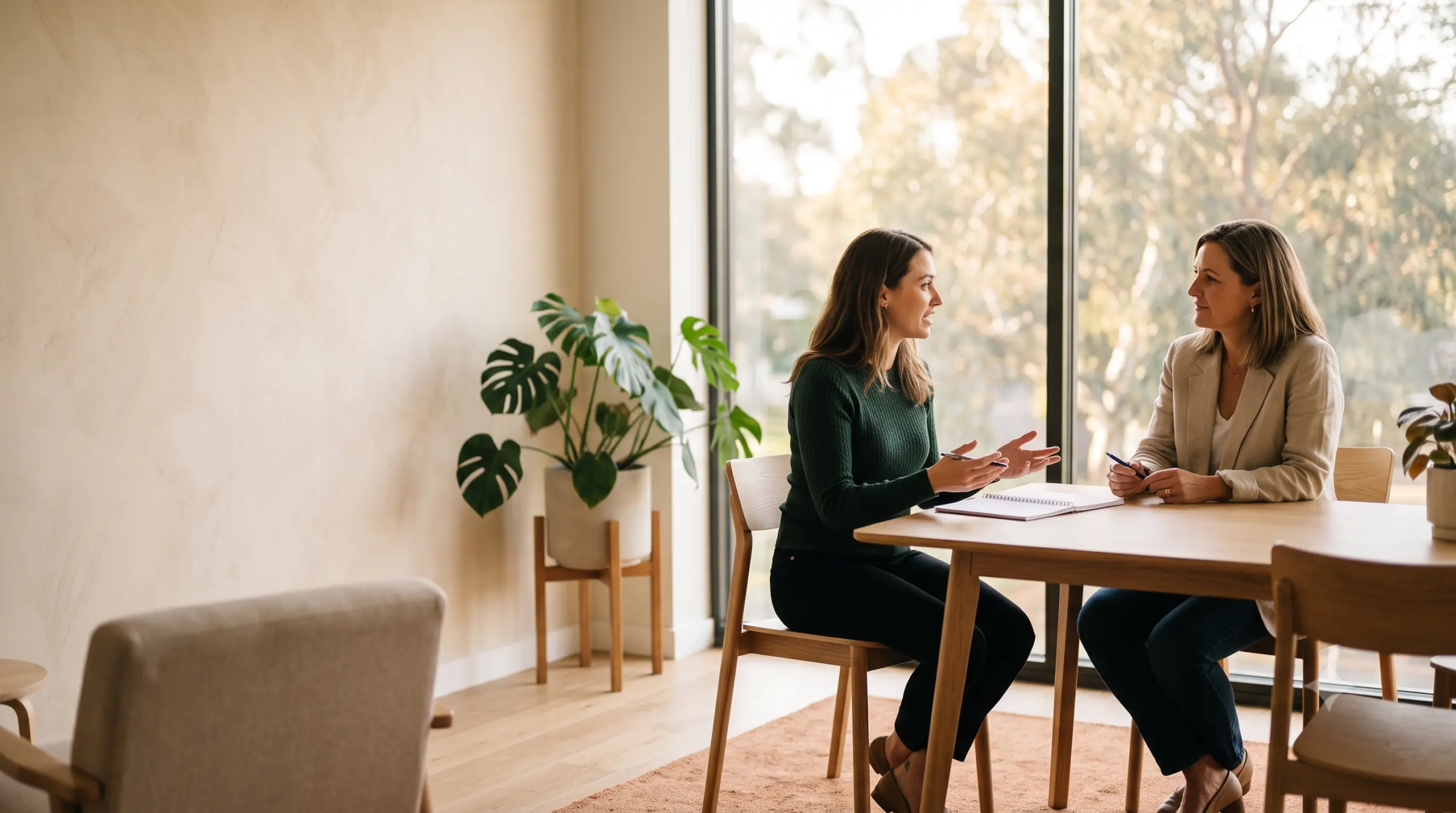 Entretien de bilan de compétences : une consultante et une personne accompagnée échangent autour d'une table, dans une pièce lumineuse